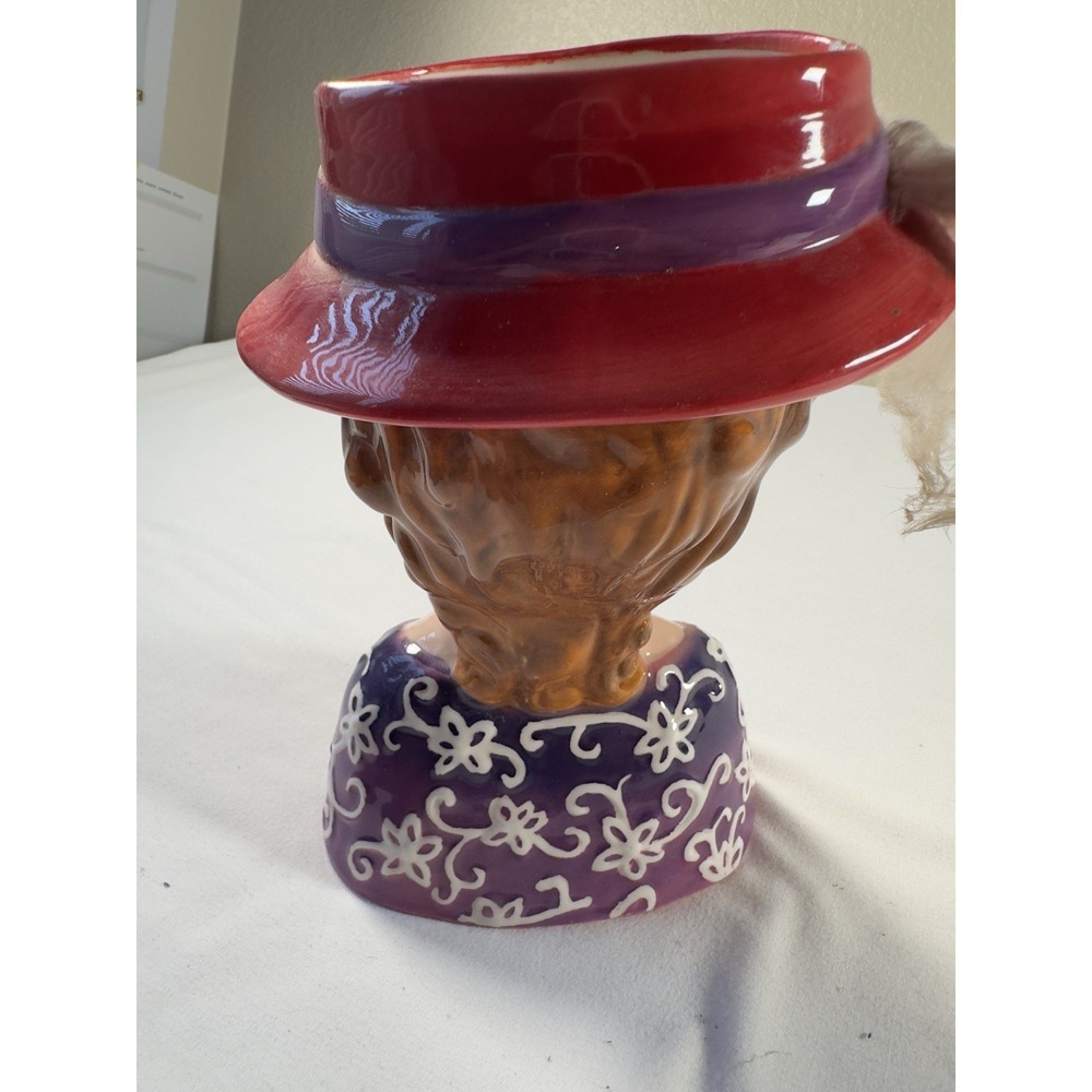 Lefton Head Vase 8 Inch Lady Porcelain Feather Hat Earrings - Picture 6 of 12